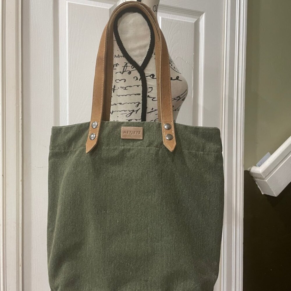 MILITARY GREEN CANVAS LEATHER TOTE BAG NETJETS BRAND - Picture 14 of 16